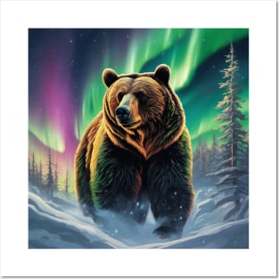 Brown Bear with Forest and Borealis, Colorful, Beautiful Posters and Art